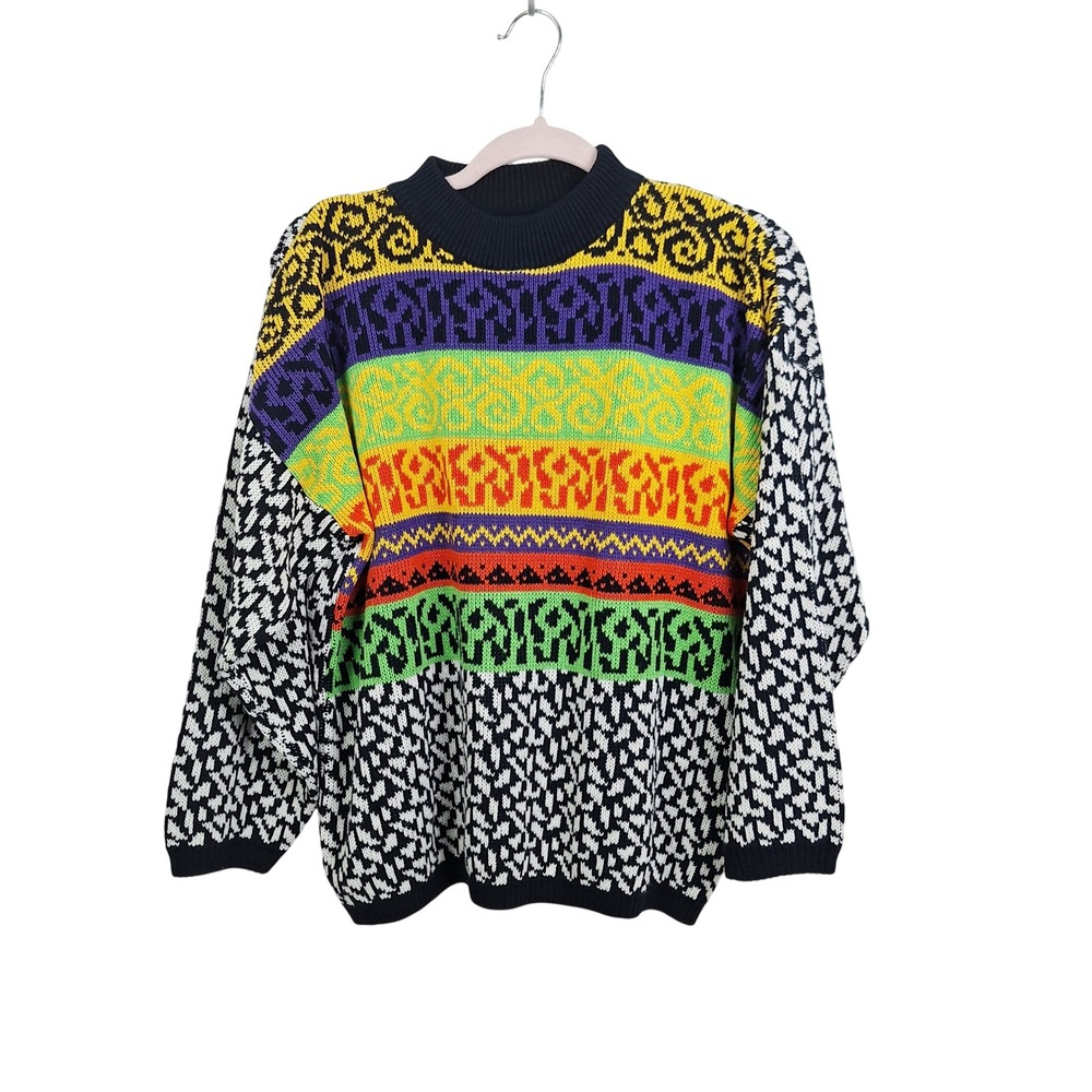Vintage Jamie Scott 80s Colorblock Knit Sweater M Multi Color Geometric Retro
